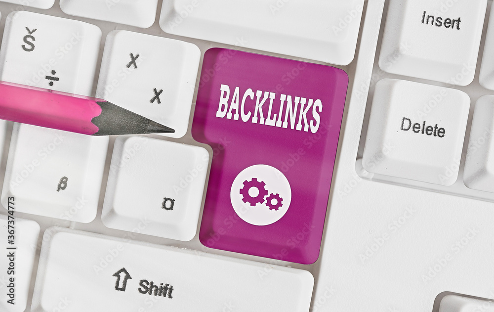 Poster Writing note showing Backlinks. Business concept for links from one website to a page on another website or page Colored keyboard key with accessories arranged on empty copy space