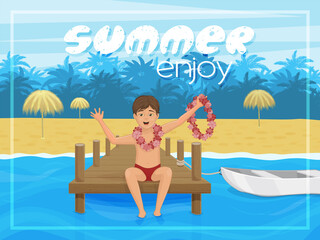 Obraz na płótnie Canvas Summer postcard with a tropical landscape and a boy. Enjoy summer. Paradise island. Blue sea. Cartoon style. Object for greeting card, packaging, advertising, or template. Vector illustration.