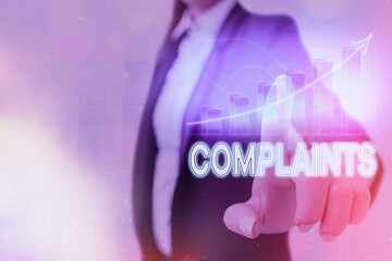 Text sign showing Complaints. Business photo showcasing something that is the cause or subject of...