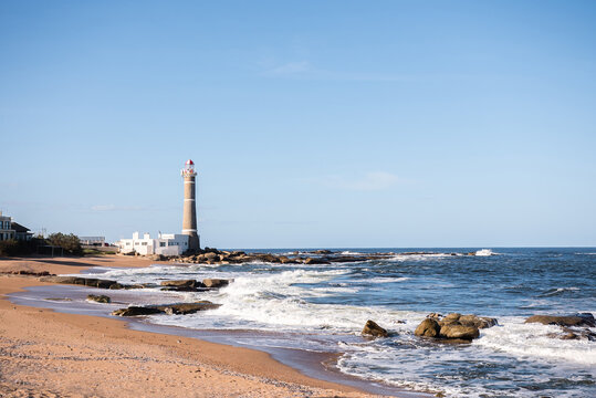 Postcard view of the beach and the lighthouse. Jose Ignacio, Maldonado, Uruguay