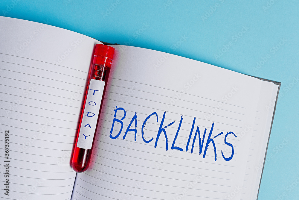 Poster writing note showing backlinks. business concept for links from one website to a page on another web