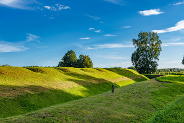Earthen fortifications, redoubts and flashes at the site of a bloody battle during the war of 1812, on the Borodino field.