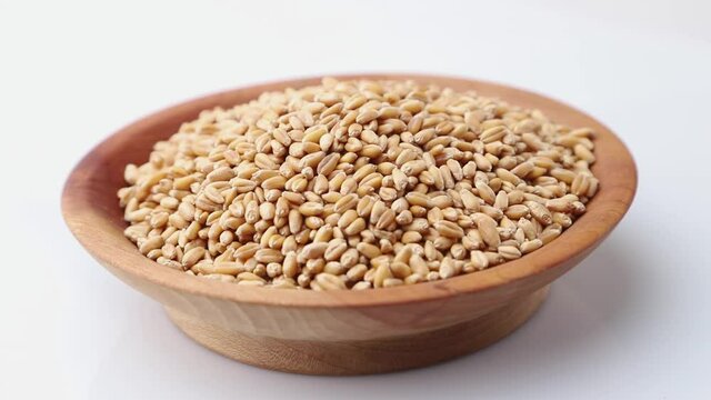 Rotating of wheat grains in wooden plate on white background. Side view, close up.