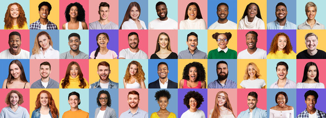 Collage Of Smiling People Faces On Bright Colored Backgrounds, Panorama - Powered by Adobe