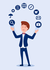 A full-length businessman stands and juggles with business icons. Man in a tuxedo. Acrobat. Vector business concept. Flat style. Can be used for poster or smartphones. EPS 10.