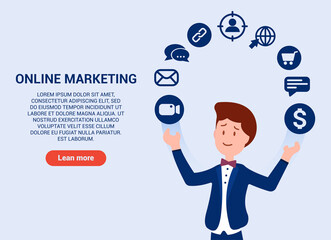 Young marketer juggles icons and services to promote business and product. Online marketing anywhere in the world. A man in a blue suit. Flat style. Can be used as a web banner or on websites. EPS 10.