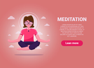 Beautiful vector girl sitting in lotus position and meditating around the clouds in Calm and balance. Can be used on websites, webbans and smartphones. Reflections on the future. Vector illustration.