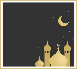 Black and gold arabic skyline silhouette with copy space. Eid greeting card design with mosque dome, minarets, a crescent moon and stars against the night sky.