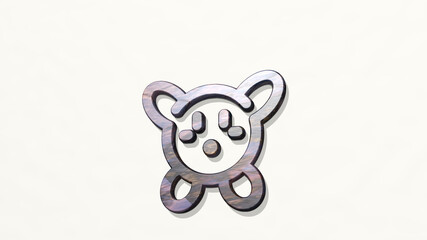 VIDEO GAME KIRBY from a perspective on the wall. A thick sculpture made of metallic materials of 3D rendering. illustration and background