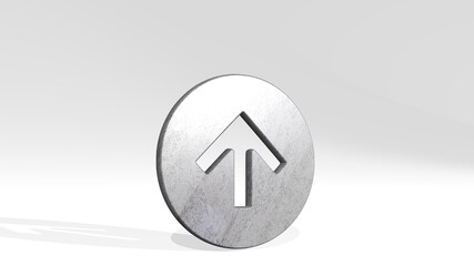 ARROW THICK CIRCLE UP made by 3D illustration of a shiny metallic sculpture casting shadow on light background. icon and design