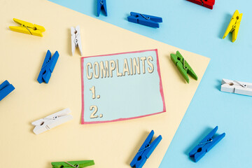 Word writing text Complaints. Business photo showcasing something that is the cause or subject of...