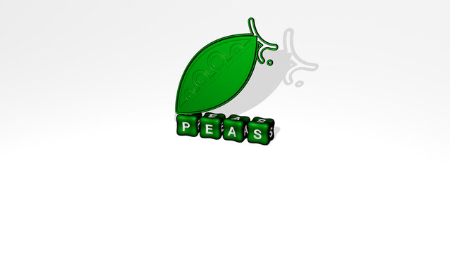 3D graphical image of peas vertically along with text built by metallic cubic letters from the top perspective, excellent for the concept presentation and slideshows. green and background