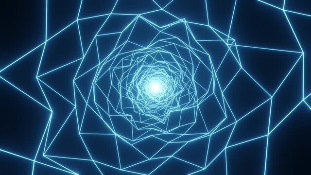 Abstract chaotic geometric grid blue shine tunnel. Electric wireframe endless flow. 3d looped animation