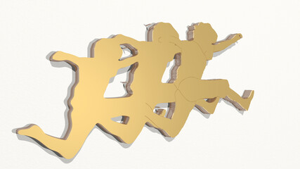 Fototapeta premium children playing and humping made by 3D illustration of a shiny metallic sculpture on a wall with light background. boy and cute