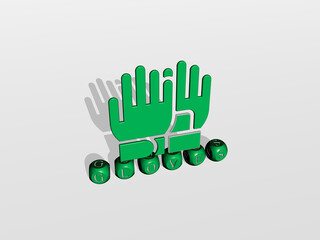 3D representation of GLOVES with icon on the wall and text arranged by metallic cubic letters on a mirror floor for concept meaning and slideshow presentation. background and boxing