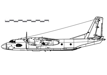 Antonov An-26, Curl. Vector drawing of military transport aircraft. Side view. Image for illustration and infographics.