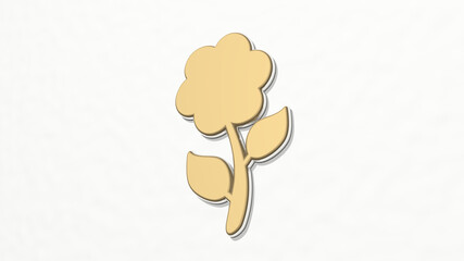 flower from a perspective on the wall. A thick sculpture made of metallic materials of 3D rendering. background and illustration