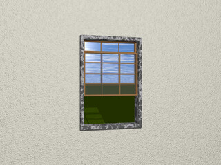 Sash window made of stone and wood on CORN SILK wall opened to outside grass and blue sky with light reflection. 3D illustration. background and agriculture