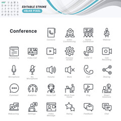 Thin line icons set of conference call and video meeting. Premium quality outline symbols, editable stroke. Pixel perfect. Vector illustrations for website and app development, business presentation.