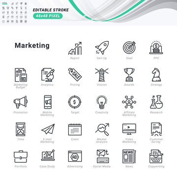 Thin line icons set of marketing. Premium quality outline symbols, editable stroke. Pixel perfect. Vector illustrations for website and app development, business presentation, marketing material.