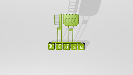3D representation of brush with icon on the wall and text arranged by metallic cubic letters on a mirror floor for concept meaning and slideshow presentation. background and illustration