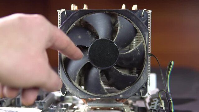 Demonstration of dust pollution. Dirty cooler and CPU heatsink from dust. 4k.