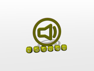 3D representation of VOLUME with icon on the wall and text arranged by metallic cubic letters on a mirror floor for concept meaning and slideshow presentation. illustration and background