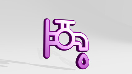 WATER PROTECTION FAUCET from a perspective with the shadow. A thick sculpture made of metallic materials of 3D rendering. background and blue