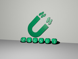 3D graphical image of MAGNET vertically along with text built by metallic cubic letters from the top perspective, excellent for the concept presentation and slideshows. illustration and background