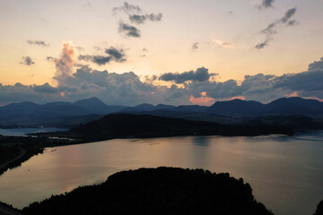 View of the sunset on the Liptovska Mara reservoir in Slovakia