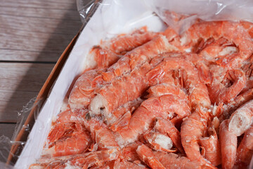 frozen tiger prawns langoustines in shell, close-up