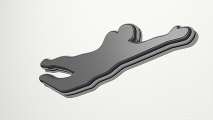 ATHLETIC SPORT ACTIVITY from a perspective on the wall. A thick sculpture made of metallic materials of 3D rendering. athlete and active