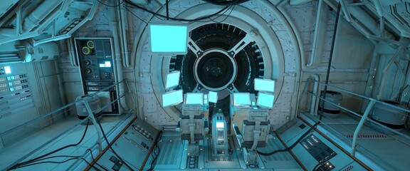 Pilot's seat in the command post of a futuristic spaceship with glowing screens. Sci-fi wallpaper. Photorealistic 3D illustration with high attention to detail.