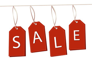 It's time for seasonal discounts and sales. A set of red labels, which hang at different levels with the inscription of discounts.