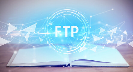 Open book with FTP abbreviation, modern technology concept