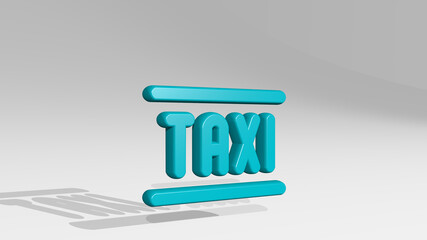taxi sign made by 3D illustration of a shiny metallic sculpture with the shadow on light background. car and city
