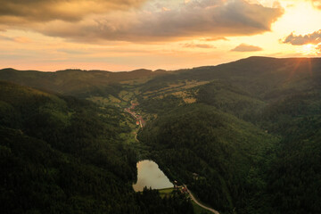Aerial view of sunset on Uhorna lake in Slovakia