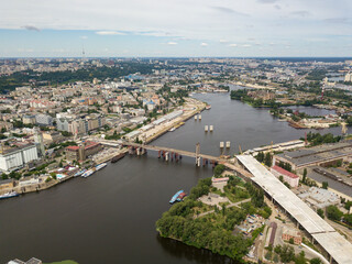 Aerial drone view. Construction of a bridge across the Dnieper river in Kiev.