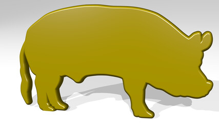 pig stand with shadow. 3D illustration of metallic sculpture over a white background with mild texture. animal and cute