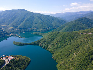 Fototapeta na wymiar Aerial view of The Vacha (Antonivanovtsi) Reservoir, Bulgaria