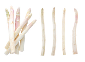 Set with fresh ripe asparagus on white background, top view