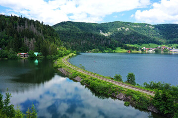Aerial view of the Palcmanska masa water reservoir in the village of Dedinky