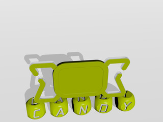 3D representation of CANDY with icon on the wall and text arranged by metallic cubic letters on a mirror floor for concept meaning and slideshow presentation. background and illustration