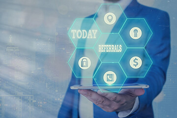 Word writing text Referrals. Business photo showcasing act, action, or an instance of referring to someone for work Grids and different set up of the icons latest digital technology concept