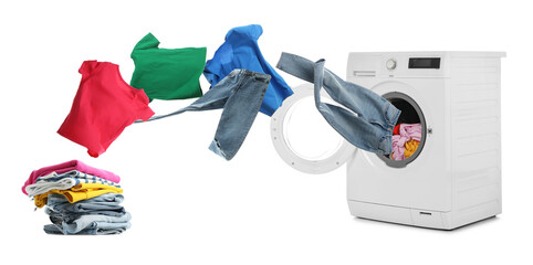 Washing machine and flying clothes on white background, banner design