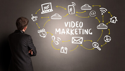 businessman drawing social media icons with VIDEO MARKETING inscription, new media concept