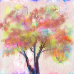 Obraz na płótnie Canvas Hand painted Abstract impressionist blooming trees painting with multicolored flowers and leaves for decorative background, design and posters, painted with watercolor guache effect, one of a kind.