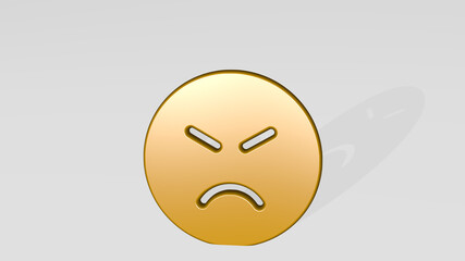 SMILEY MAD from a perspective with the shadow. A thick sculpture made of metallic materials of 3D rendering. illustration and face