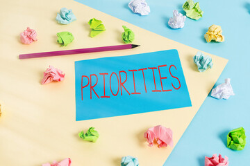 Writing note showing Priorities. Business concept for fact or condition of being regarded or...