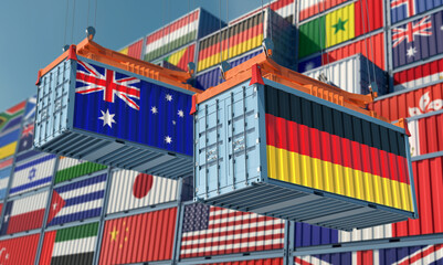 Freight containers with German and Australia flag. 3D Rendering 